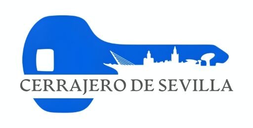 Logo de Cerrajero de Sevilla con forma de llave azul y skyline de la ciudad.